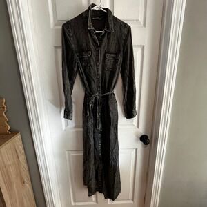 Soft Surroundings XS Black Denim Utility Maxi Shirtdress Button Front Belted